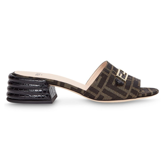 Fendi Black Brown Monogram Logo Backless Sandal Block Heel Mule Slide Pump 37.5 - Picture 1 of 12